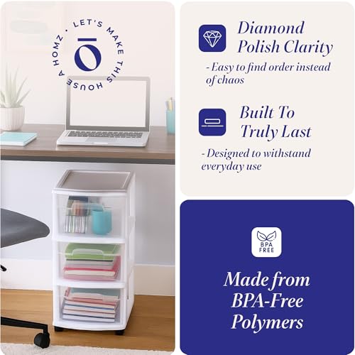 Smart Home HOMZ Drawer Tower, 3-Tier Rolling Storage Cart Essentials